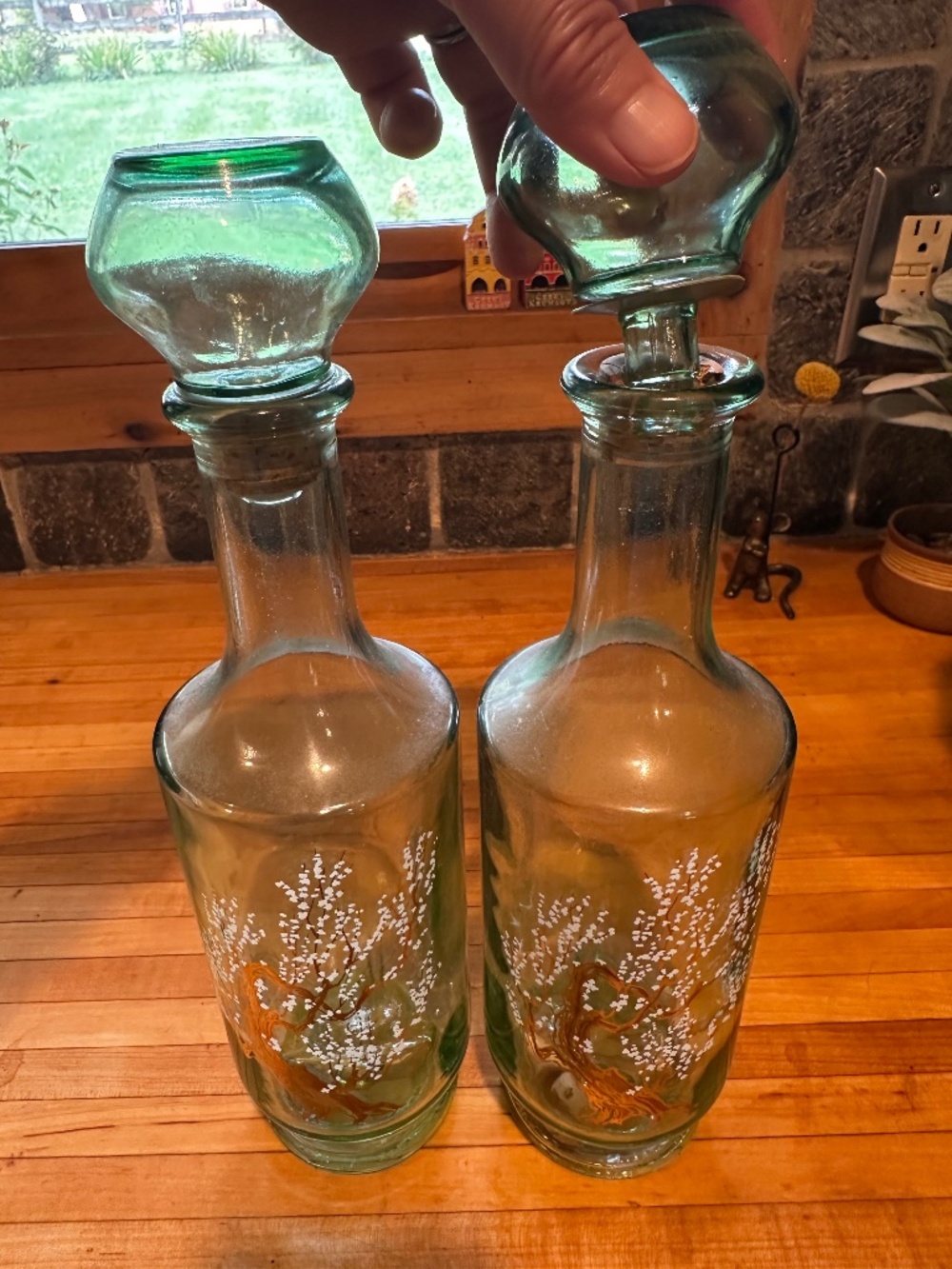 Vintage 1960 Mid-Century Modern green glass liquor decanters